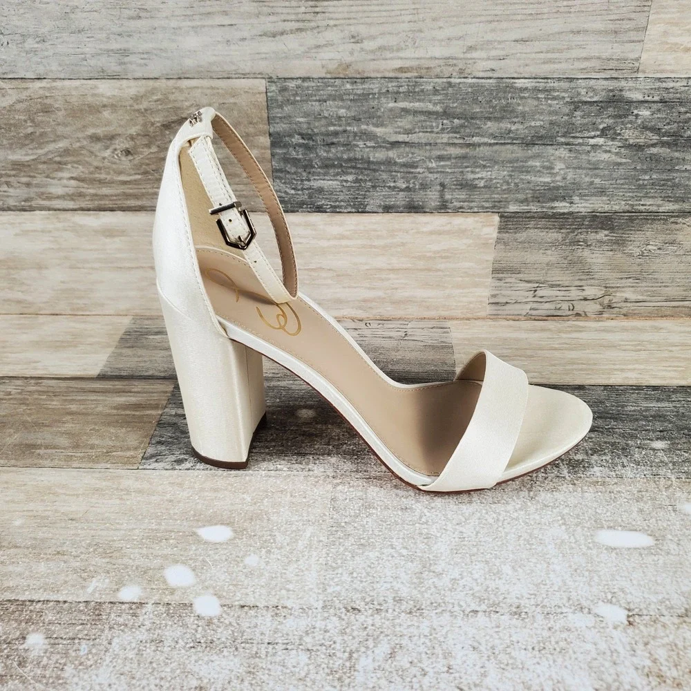 Sam Edelman Yaro Womens Sandal Sz 8.5 W Block Heel Pearl Ivory Satin Ankle Strap